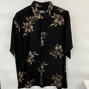 Mens Premier International XL Black Hawaiian Shirt Beige Floral Print 100% Polye